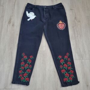 NANA Judy Heart Flame Rose Embroidered The Bonnie Relaxed Boyfriend Jean Black M